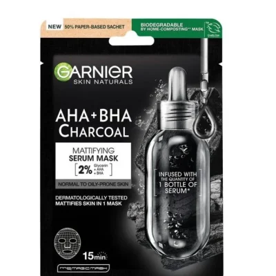 ماسک سرم صورت ورقه ای مات کننده با کربن فعال و اسیدهای AHA + BHA