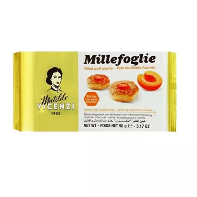 JC137BbFqxADSUJ9b9XGjJYFIgZSXLF5e6PyQLuheyFzYLAoea.jpg_800X800X70 شیرینی پفی میله فولیه با مغز زردآلو و وانیل ماتیلدا ویچنزی 90 گرمی - تصویر 1